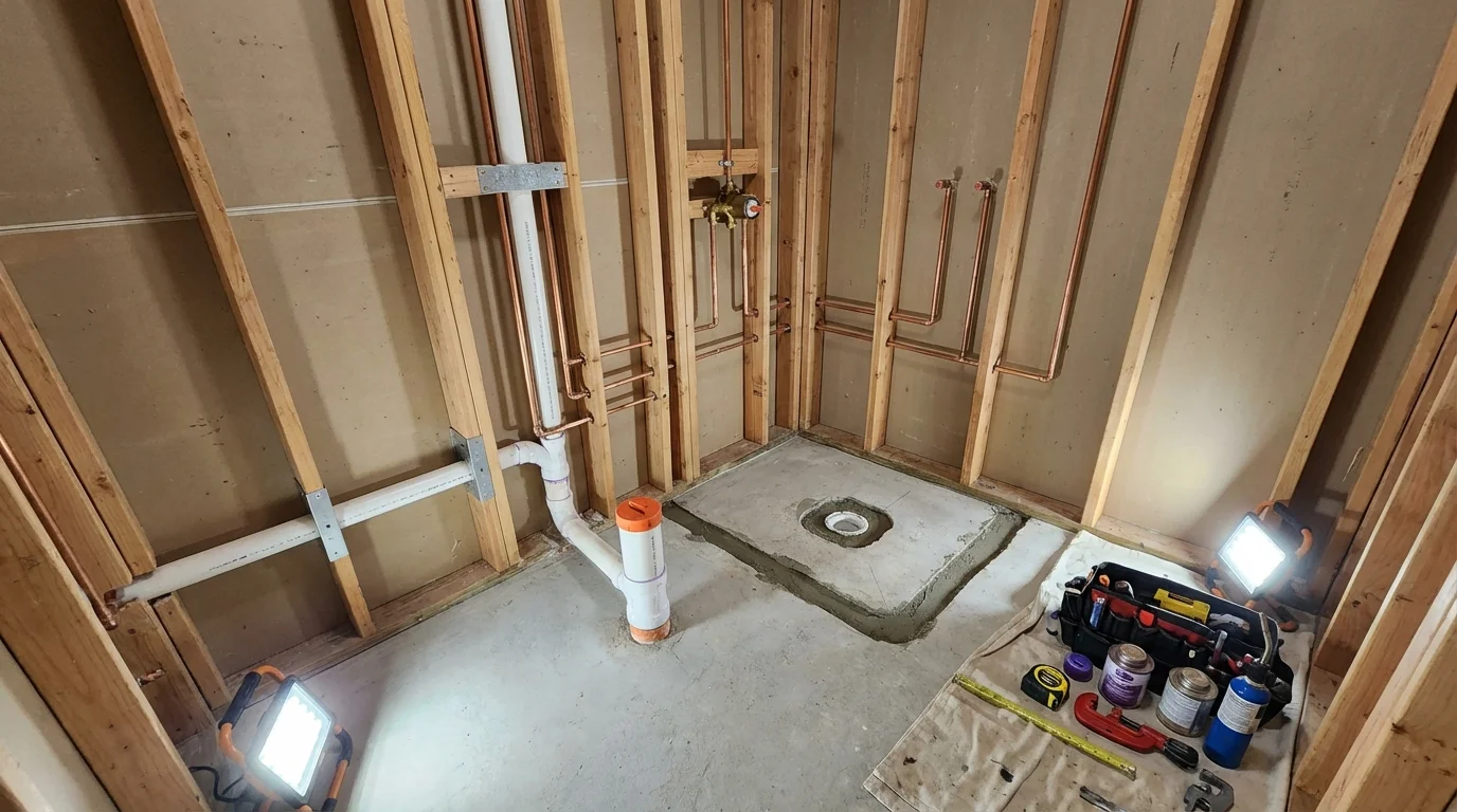 Bathroom rough-in plumbing during remodel by Johns Plumbing LLC in Sandersville