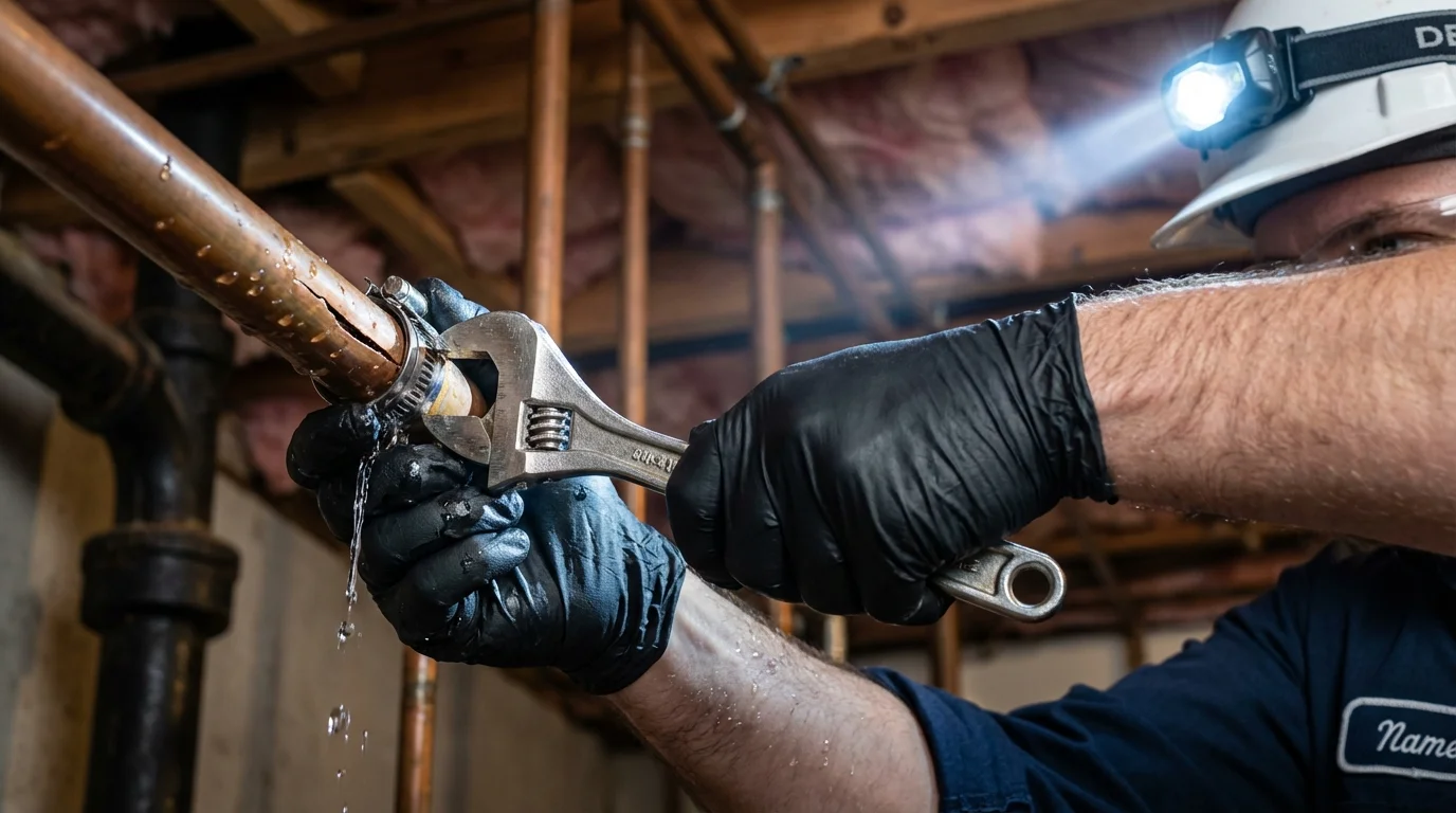 Emergency pipe clamp repair being performed by a Johns Plumbing LLC plumber in Sandersville