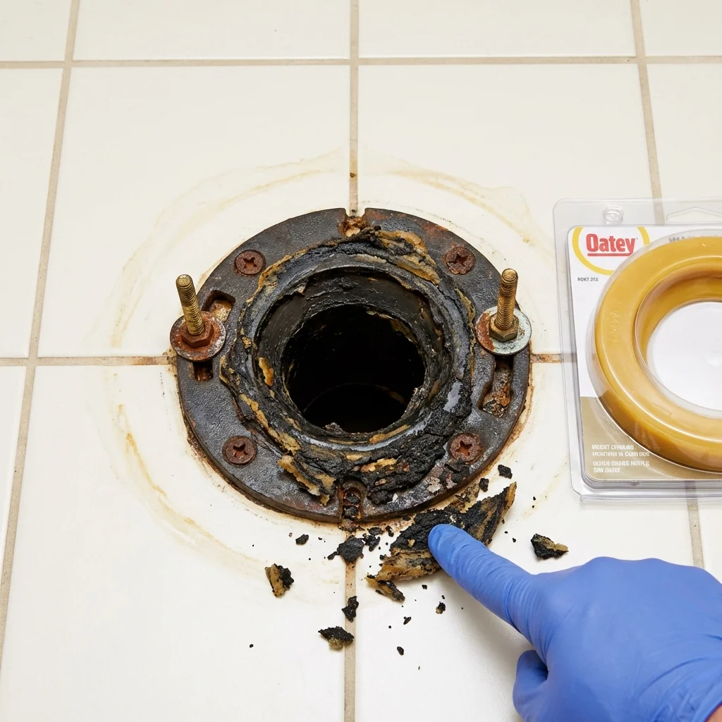 Failed wax ring showing water seepage at the base of a toilet in a Sandersville, GA home